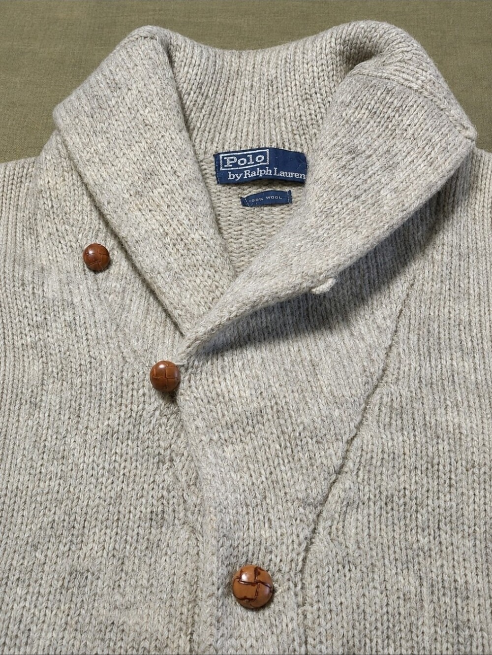 Vintage Polo Ralph Lauren Shawl Collar Wool Cardigan Suede Elbow Patches L - Picture 3 of 16